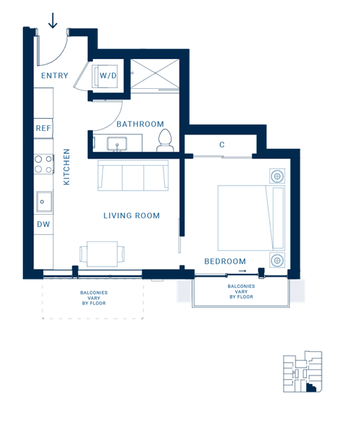 Floor plan for 1 bed, 1 bath, 514 sqft